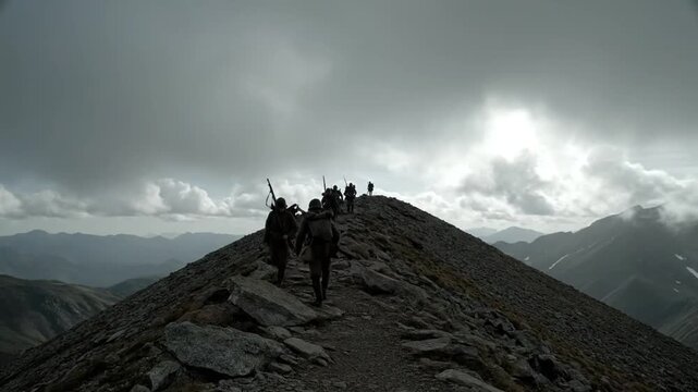 Group of Hikers Ascend Rocky Mountain Summit Under Dramatic Overcast Sky on Outdoor Adventure Journey kargil vijay diwas