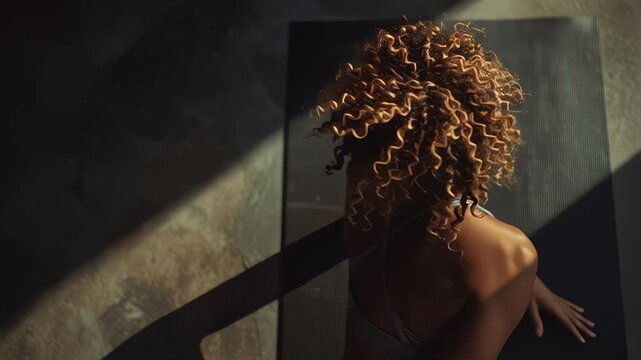 Woman in sports bra looking up.