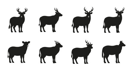 Fototapeta premium Silhouettes of deer in various poses against a white background