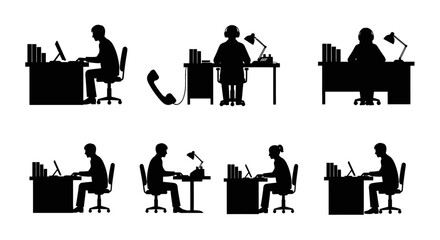 Fototapeta premium Silhouettes of people working at desks in various positions