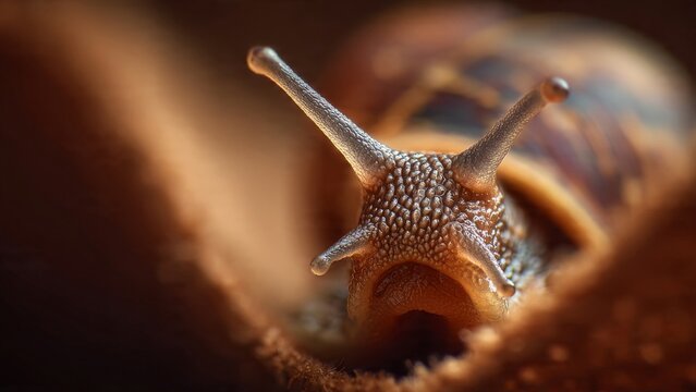 Snail's Slow Gaze: Snail Crawling on Dry Leaf in Autumn

