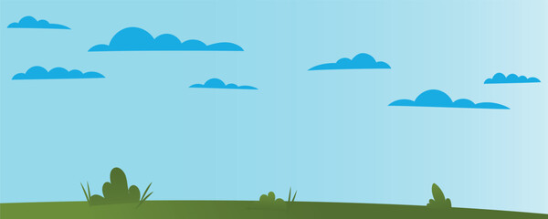Obraz premium Minimalist illustration of a green field with bushes under a clear blue sky and soft clouds. Calm and simple natural landscape ideal for backgrounds and modern design projects.