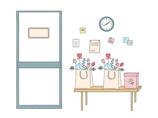 Florist shop interior scene with wall clock and notes, table with paper bags holding flower bouquets and a gift box. Flower delivery and packaging concept. Vector illustration on white background.
