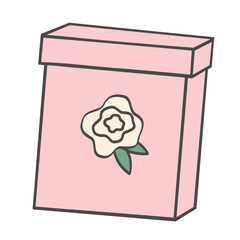 Vector illustration of a pink gift box with flower decoration. Floral packaging concept for flower shop and celebrations, isolated on white background.