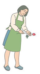 Vector illustration of a female florist holding a flower stem. Floral design process and professional flower shop work, isolated on white background.