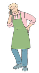 Vector illustration of a male florist talking on the phone. Flower shop customer service and order communication concept, isolated on white background.