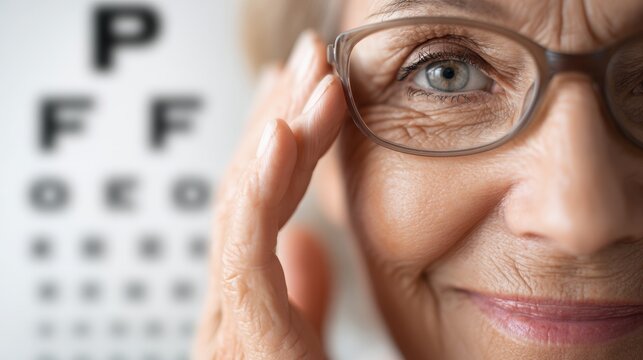 Older woman adjusting eyeglasses with eye chart behind, vision test and optometry concept, customizable image ideal for clinic websites, health education, or eyesight check campaigns.