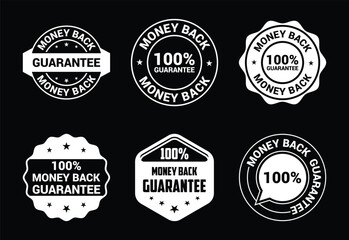 Obraz premium White money back guarantee labels and seals on black background