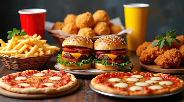 Abundante mesa llena de jugosas hamburguesas con pan tostado y queso derretido, papas fritas crujientes