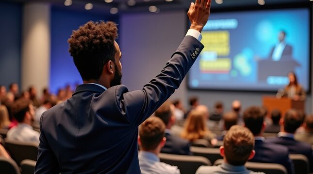 Participante de la audiencia levantando la mano en una conferencia profesional, ambiente de discusi&oacute;n interactiva, aprendizaje, compromiso y tema de comunicaci&oacute;n