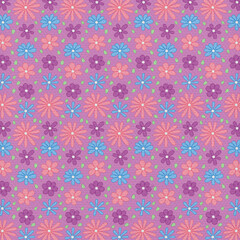 Purple seamless floral pattern with colorful flowers and green leaves. Playful decorative design perfect for wallpapers, textiles and stationery.