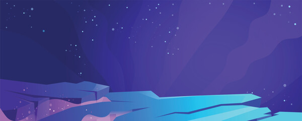 Stylized night landscape with abstract icy terrain under a starry purple sky. Futuristic alien environment illustration ideal for science fiction themes, space concepts, and modern digital backgrounds © Dima