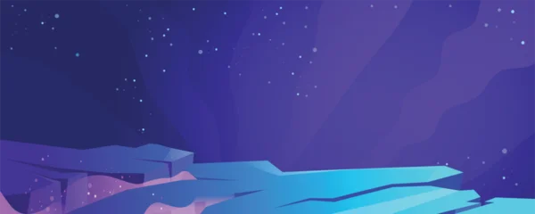 Fotobehang Warm Paars Stylized night landscape with abstract icy terrain under a starry purple sky. Futuristic alien environment illustration ideal for science fiction themes, space concepts, and modern digital backgrounds  © Dima
