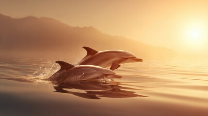 Fototapeta premium Dolphins Swim Near the Ocean Surface as Gentle Ripples Form During Sunset in a Wildlife Scene Showcasing Environmental Awareness
