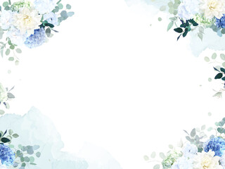 Obraz premium Dusty blue rose, white hydrangea, ranunculus, magnolia, greenery, beige dahlia, blue hyacinth vector design frame. Wedding seasonal flower card. Floral watercolor composition. Isolated and editable