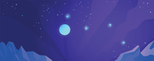 Stylized illustration of a glowing planet and stars in deep outer space with an abstract alien landscape. Futuristic cosmic background suitable for science, astronomy, and sci-fi design concepts. © Dima