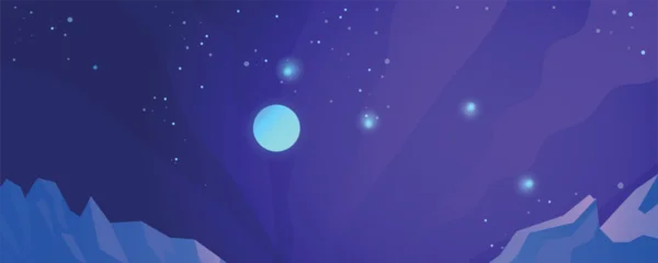 Fotobehang Warm Paars Stylized illustration of a glowing planet and stars in deep outer space with an abstract alien landscape. Futuristic cosmic background suitable for science, astronomy, and sci-fi design concepts.  © Dima