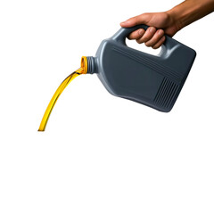 Hand pouring golden motor oil from a gray plastic container isolated on a transparent background