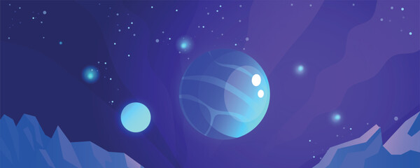This stylized illustration shows a glowing blue planet and small moon in deep space, with stars and an alien icy landscape. Ideal for sci-fi, space exploration, and futuristic backgrounds. © Dima