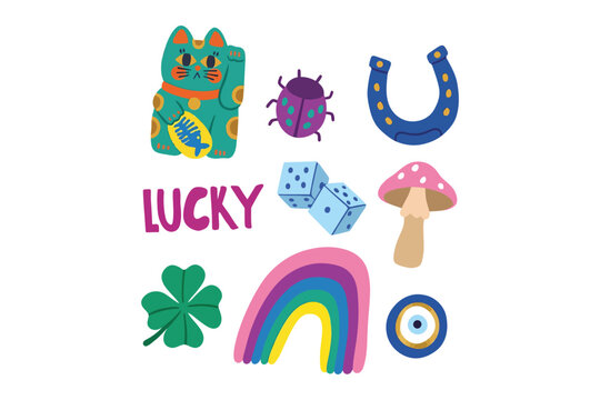 A colorful collection of lucky charms including a maneki neko ladybug horseshoe and dice arranged on a white background high-quality