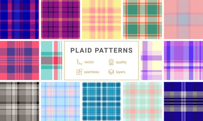 Decorative plaid collection built for digital presentations. Classic tartan textures enhance slides, reports, and online visuals. Vector format scales effortlessly.