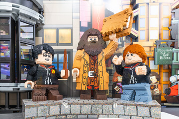 Naklejka premium Large brick built Harry Potter and Hagrid figures at a Lego store. London, UK, 2 June 2024