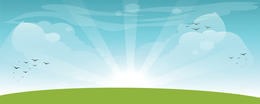 Bright minimalist sunrise illustration with green field, soft clouds, flying birds, and sun rays in a clear blue sky. Fresh and uplifting nature background symbolizing hope and freedom.
