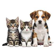 Cute Kittens and Beagle Puppy Together on White on white background, Isolated on Transparent Background