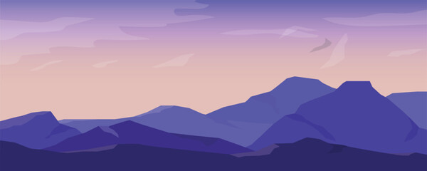 Obraz premium Minimalist dusk landscape with layered blue mountains under a soft pastel sky. Calm atmospheric scene conveying depth, silence, and balance, ideal for backgrounds and modern design.