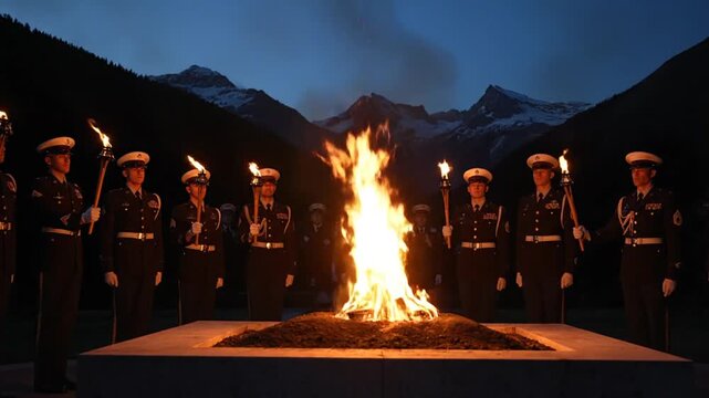 Soldiers Guarding a Large Bonfire at Dusk with Mountain Range and Twilight Sky Background kargil vijay diwas