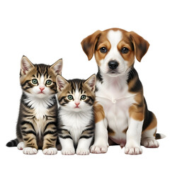 Obraz premium Adorable Tabby Kittens and Beagle Puppy Together on white background, Isolated on Transparent Background