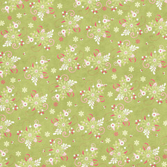 Seamless decorative floral pattern with swirls and snowflake accents on green textured background. Whimsical design perfect for winter, holiday, and fabric projects.