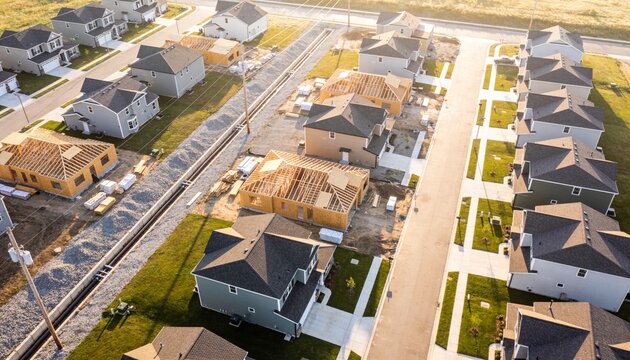 Aerial view of new suburban housing development with rows of modern family homes, residential real estate neighborhood construction, architecture and urban planning infrastructure with paved roads