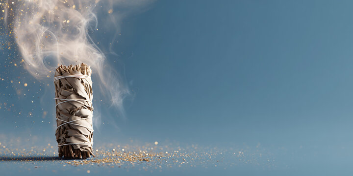 Sage bundle burning with smoke on a light-blue background, representing a holistic practice 