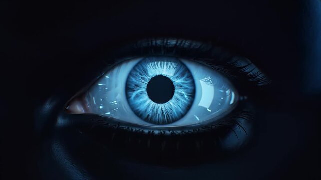 Dramatic slow motion sequence of a human eye opening and revealing a vibrant, glowing blue iris with digital data reflecting, in a dark, atmospheric setting, symbolizing technology, vision