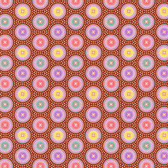 Seamless retro circle floral pattern with colorful dots on brown background. Bold playful design perfect for textiles, wallpapers, packaging, and vintage decor.