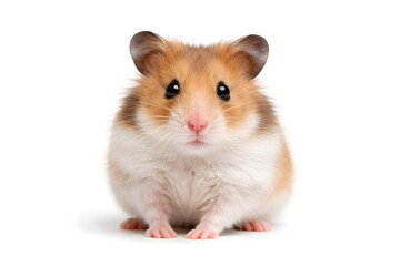 Obraz premium A cute fluffy hamster sitting and looking forward on a white background.