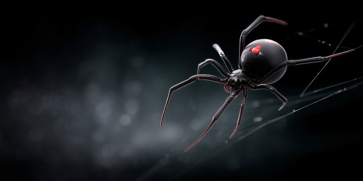 A close-up captures a black widow spider in its natural habitat, with its distinctive red hourglass marking visible on its abdomen, showcasing its intricate web and predatory stance