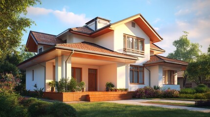 Modern Family Home with Spacious Porch Surrounded by Lush Greenery and Flowering Plants in a Bright Morning Setting