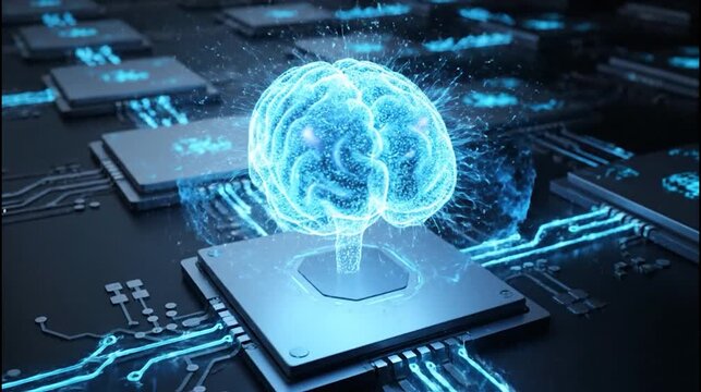 Artificial intelligence brain hologram glowing on computer microprocessor circuit board representing neural network technology and future
