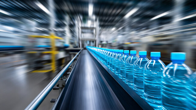 Plastic water bottles on automated production line in beverage factory