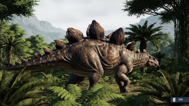 Video greenscreen dinosaurs roam lush prehistoric forest landscape in 3D animation