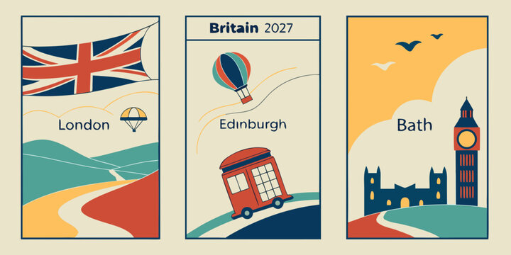 Set of travel posters featuring london, edinburgh, and bath in britain with iconic landmarks, red telephone box, uk flag, and hot air balloon illustrations in a vintage flat graphic style design