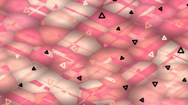 Abstract pattern of geometric shapes and triangles, with a gradient pink and peach color scheme
