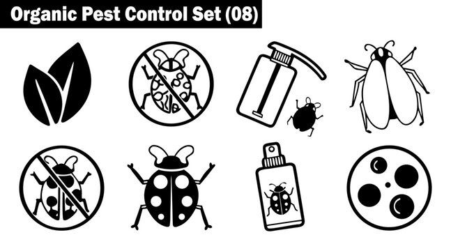 Organic pest control flat vector icons, leaves, stop bug symbol, spray bottle, ladybug, beetle, natural insecticide, garden pest prevention, plant protection vector illustration.