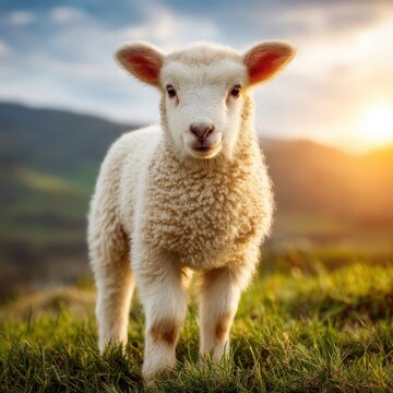 A fluffy white lamb stands in a lush green meadow under a bright sky, bathed in the golden light of the setting sun, creating a peaceful pastoral scene.