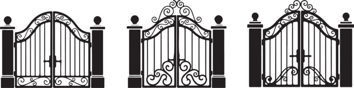 Black wrought iron gates with decorative scrollwork and posts decorative gate ironwork fence