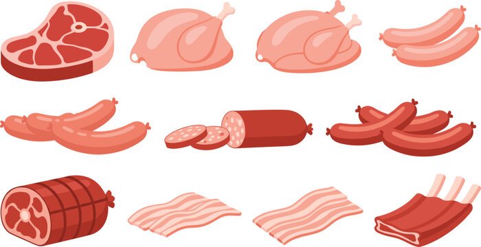 Cartoon Meat and Poultry Icon Set with Beef Steak Chicken Sausages Bacon and Pork Cuts for Food Packaging Menu and Vector Designs