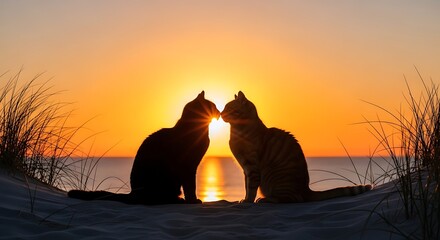 Two dog silhouettes facing each other at sunset on a beach