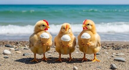 Three chicks standing on a sandy beach with ocean waves in the background